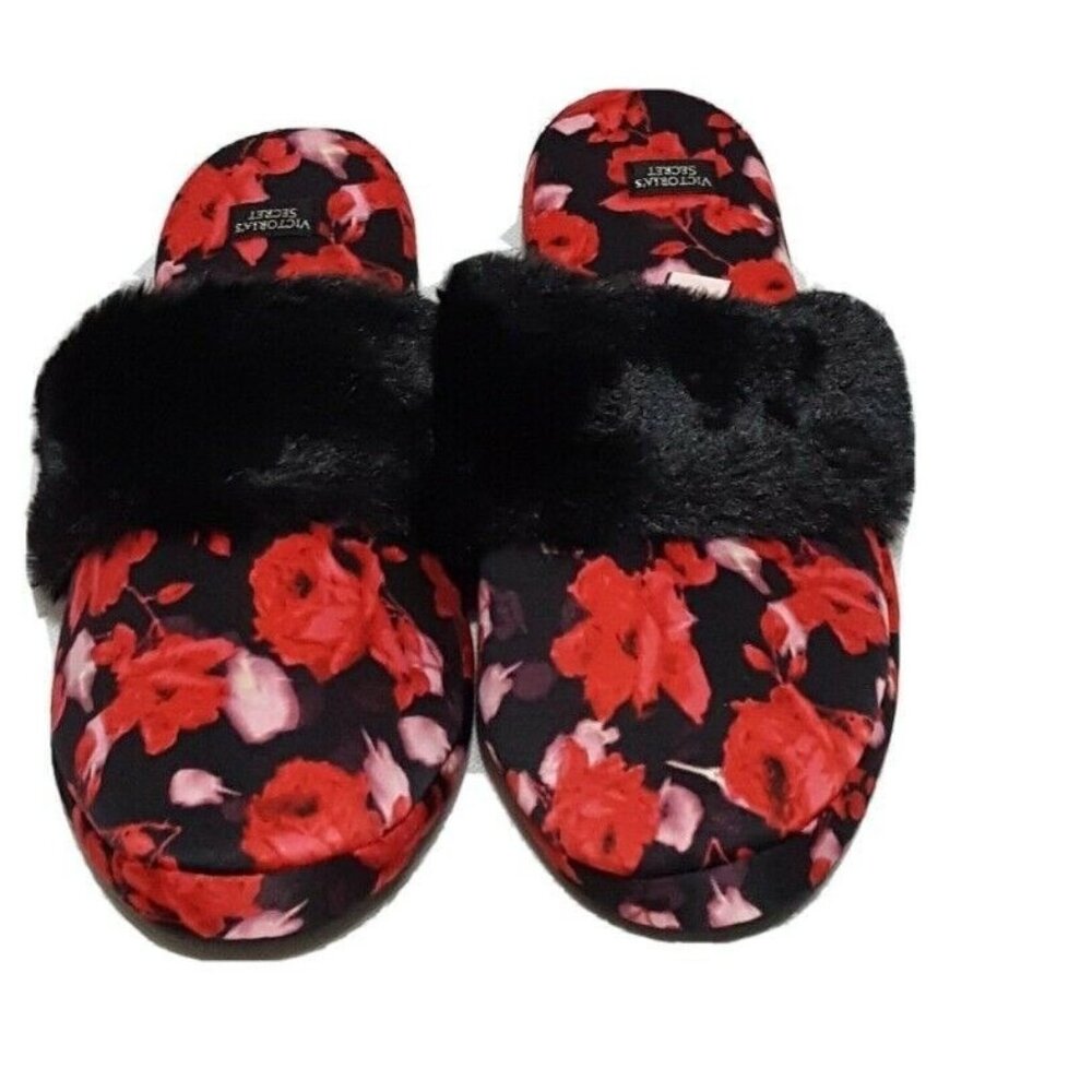 Victoria's Secret Satin Floral Faux Fur Cozy Slides Slippers + Dust Bag Size M